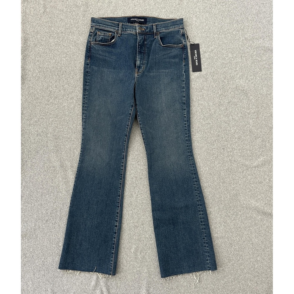 Veronica Beard Cameron Bootcut Jean 31 Mid Rise Dark Indigo Raw Hem Wide Leg NEW